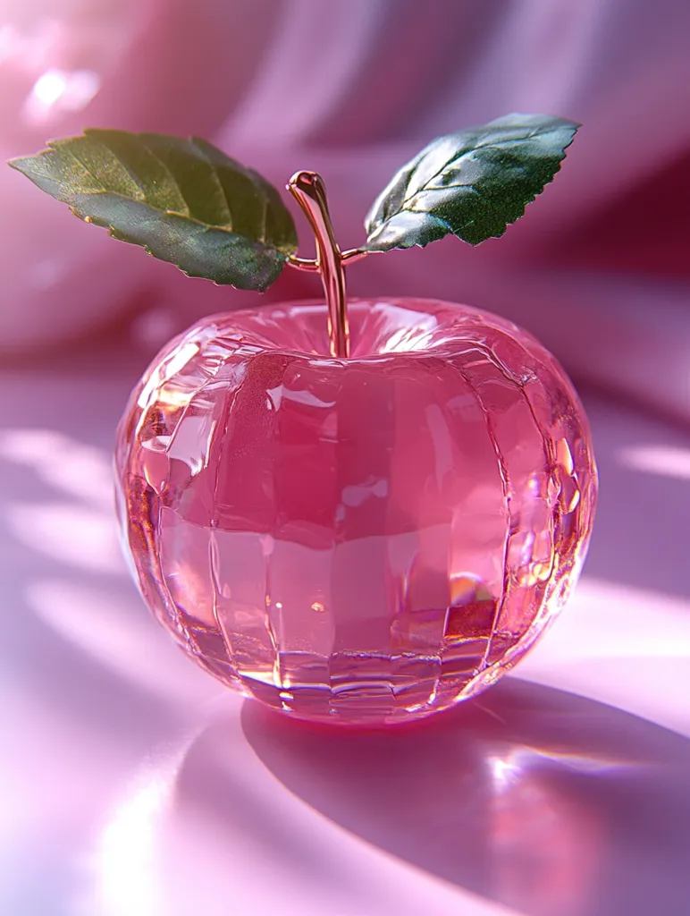 A pink crystal apple with gold stem and green leaves sits on a soft pink surface. The apple is perfectly smooth and shiny, with a delicate, almost translucent quality. The light reflects off the crystal, creating a soft, dreamy glow. The apple's simple elegance and the soft pink background create a romantic and whimsical atmosphere.