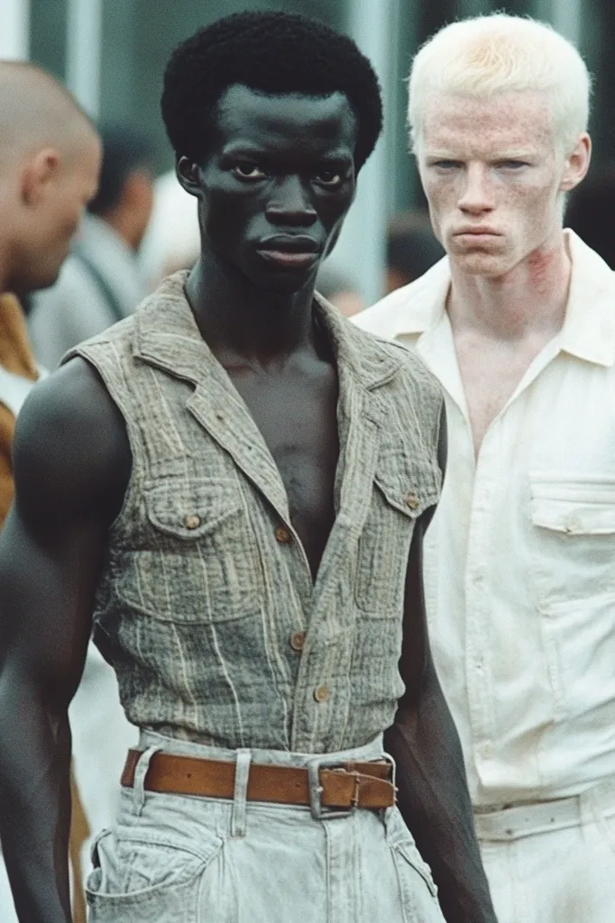 Two men stand side-by-side, one with dark skin wearing a sleeveless button-up shirt and jeans, the other with very pale skin wearing a white collared shirt and white pants. They both have serious expressions. The contrast in their skin tones is striking, drawing attention to the differences in their appearances. The image likely explores themes of race and identity.