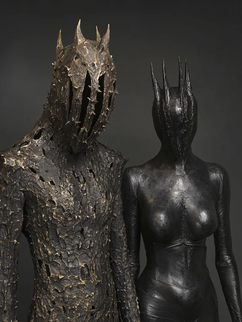 Two figures stand side by side. The figure on the left is wearing a dark, spiky, armor-like suit with a pointed helmet. The figure on the right is wearing a smooth, black suit with a tall, spiky crown. They are both facing forward and their faces are obscured. The figures are set against a dark background. The image has a dark and mysterious feel.