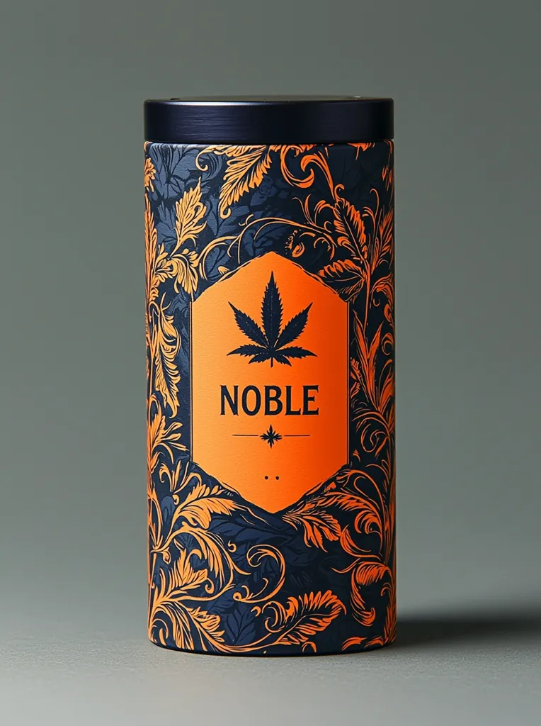 The image shows a cylindrical container with a black lid. It's covered in a dark blue background with a stylized orange pattern of swirling leaves and vines. A hexagonal orange patch features a dark green marijuana leaf and the word \