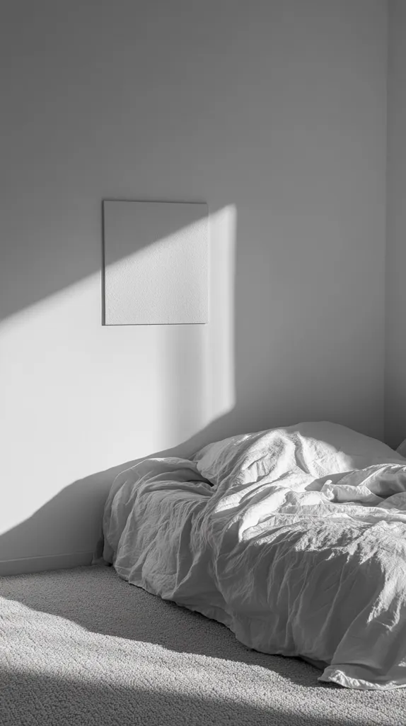 A simple and minimalist bedroom with a white bed, a white rug, and a white wall. Sunlight streams through the window, casting soft shadows on the bed and wall. The scene is serene and peaceful, emphasizing a sense of tranquility and relaxation.