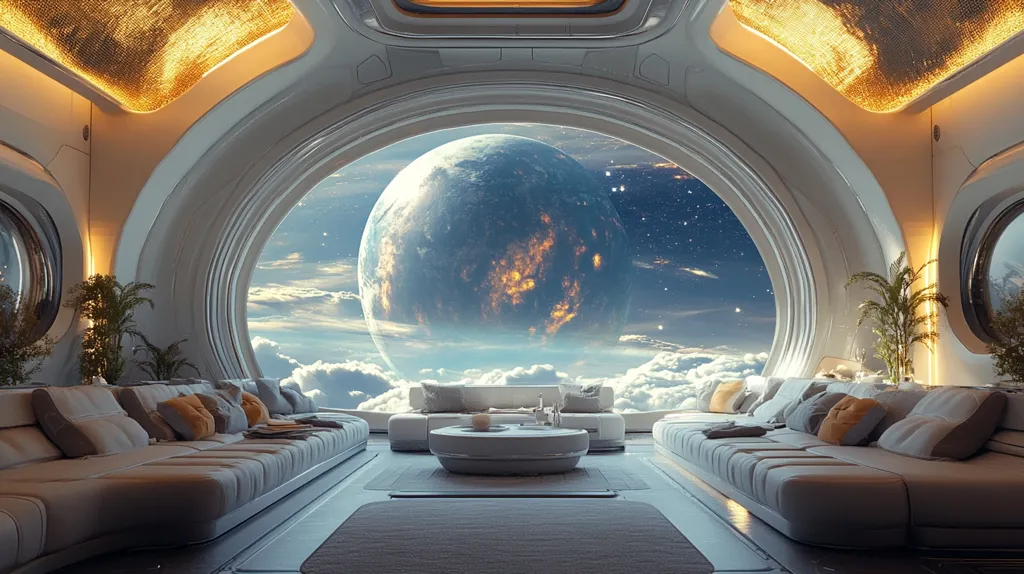 The image depicts a futuristic living space with a massive, circular window offering a breathtaking view of a distant planet and a starry sky. The room is decorated with white, modern furniture, including a long, plush sofa and a round coffee table. Lush plants add a touch of nature to the space. The overall ambiance is sleek, spacious, and inviting, suggesting a life of luxury and wonder.
