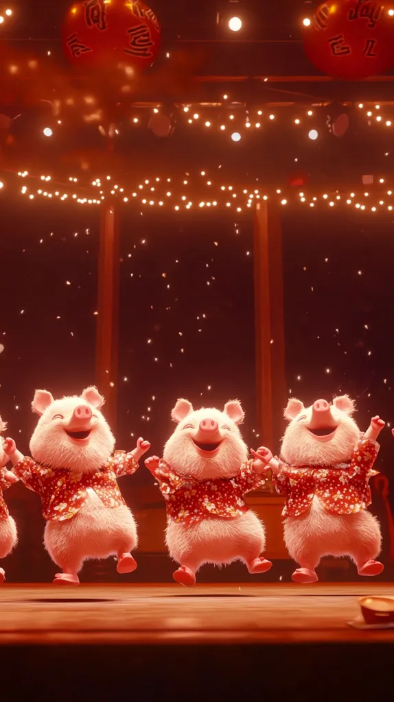 Three cartoon pigs are jumping and dancing in front of a festive background with string lights and red lanterns. They are wearing red and white shirts with flowers, and they are smiling and looking happy. The scene is warm and inviting. It appears to be a celebration of the Chinese New Year.