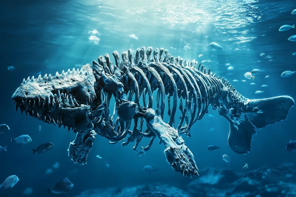 The image depicts a large, skeletal whale, with a long, narrow snout, lying on the ocean floor. The whale's bones are white and its body is surrounded by a deep blue water. Several small fish swim around the skeleton. Light streams down from the surface of the water, illuminating the scene. The image has a haunting and beautiful atmosphere, suggesting the vastness of the ocean and the mysteries it holds.