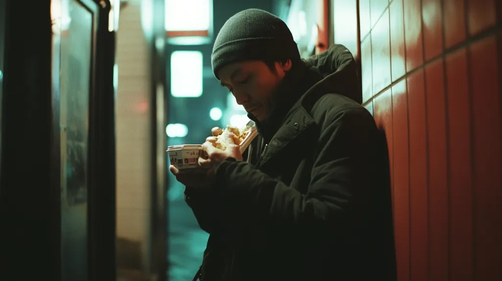 A man wearing a black beanie and jacket stands in a dimly lit alleyway. He is eating from a white container, with the food obscured by his hand. The wall behind him is a red tile, and the image has a moody, atmospheric feel.  The man seems lost in thought as he eats.