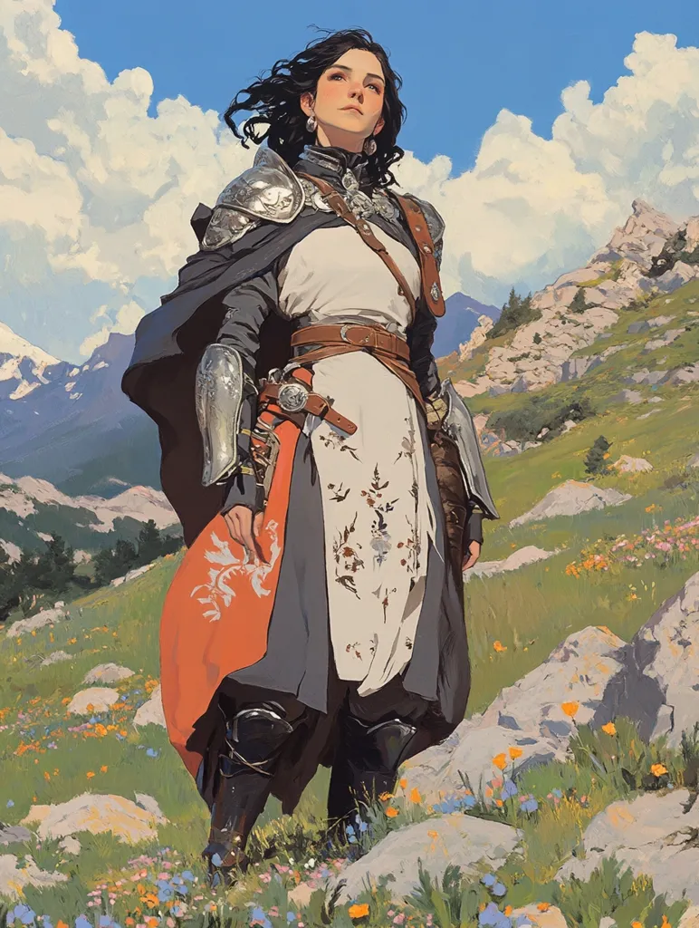 A woman in armor and a flowing cloak stands on a grassy hillside, looking up at the bright sky.  She has long, dark hair and is wearing a white tunic with a brown belt.  The scene is peaceful and picturesque, with mountains in the background and wildflowers blooming at her feet.  She is a warrior, yet her gaze suggests a calm and determined spirit.