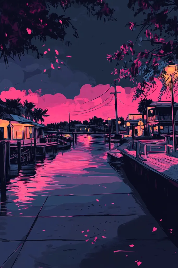The image is a digital painting of a waterfront scene at twilight. The sky is a vibrant pink, reflecting on the still water of the canal. Houses line the canal, their lights casting a warm glow. Palm trees sway gently in the breeze, their shadows stretching long on the ground. The scene is peaceful and serene, with a soft, ethereal quality.  The artist has used bold strokes and vibrant colors to create a captivating and dreamy atmosphere.