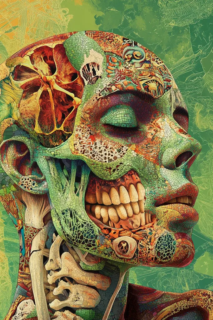 The image is a surreal, abstract portrait of a human head and neck. The face is rendered in a mosaic style, with various colors and textures. The head is partially dissected, revealing the skull and skeletal structure, with teeth visible. The background is a green and yellow abstract pattern. The artwork has a slightly unsettling but intriguing and thought-provoking style.