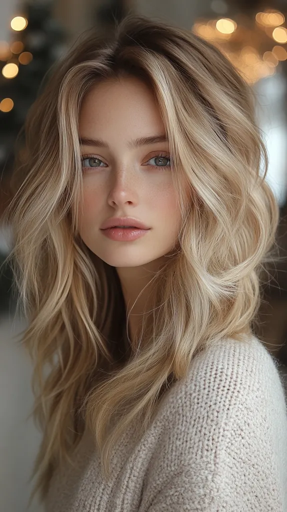 A young woman with long, wavy blonde hair is looking directly at the camera. She has a soft, natural makeup look and is wearing a light-colored knitted sweater. The background is blurry and out of focus, with soft lighting. Her hair is parted on the side and falls around her face in soft, cascading waves.  She has a delicate beauty.