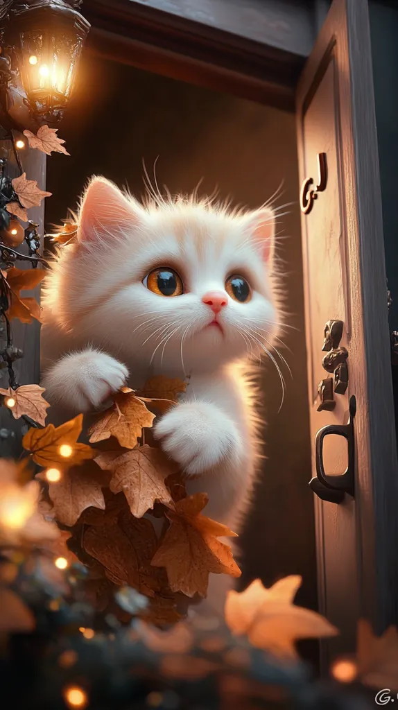 A white fluffy kitten with large yellow eyes peeks out from behind a wooden door.  Autumn leaves frame the kitten, and a string of warm lights illuminate the scene.  The kitten's face is filled with curiosity and wonder, its gaze directed towards something just out of sight.  The image evokes a sense of cozy warmth and quiet contemplation.