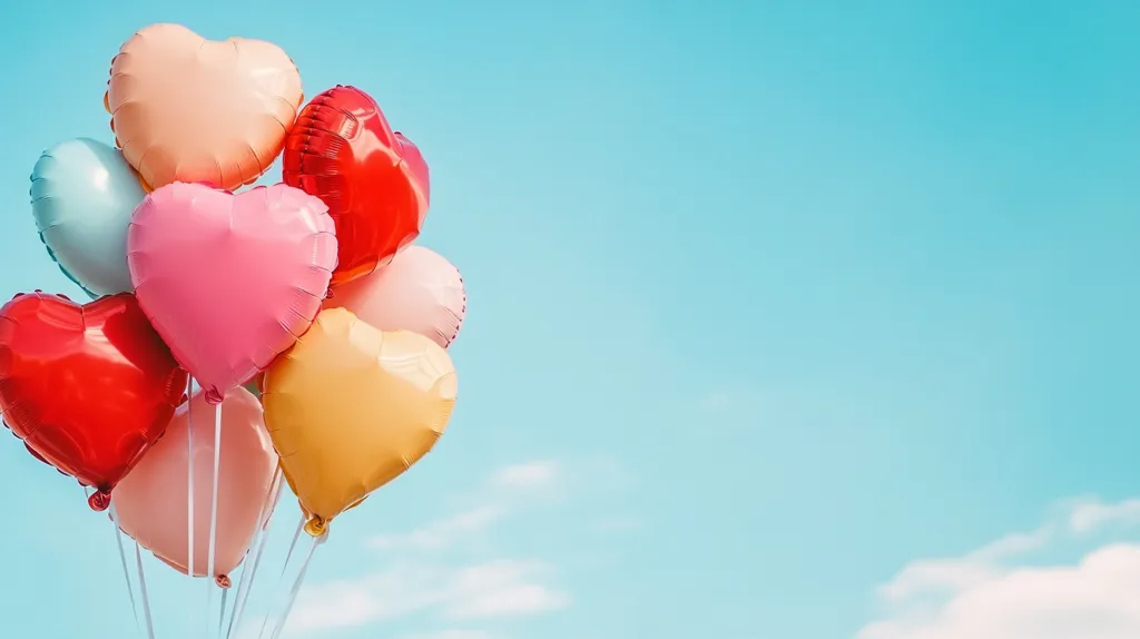 A cluster of heart-shaped balloons in various colors - pink, red, orange, light blue - floats against a clear blue sky with wispy white clouds. The balloons are tied together and appear to be drifting upwards, creating a festive and celebratory atmosphere.