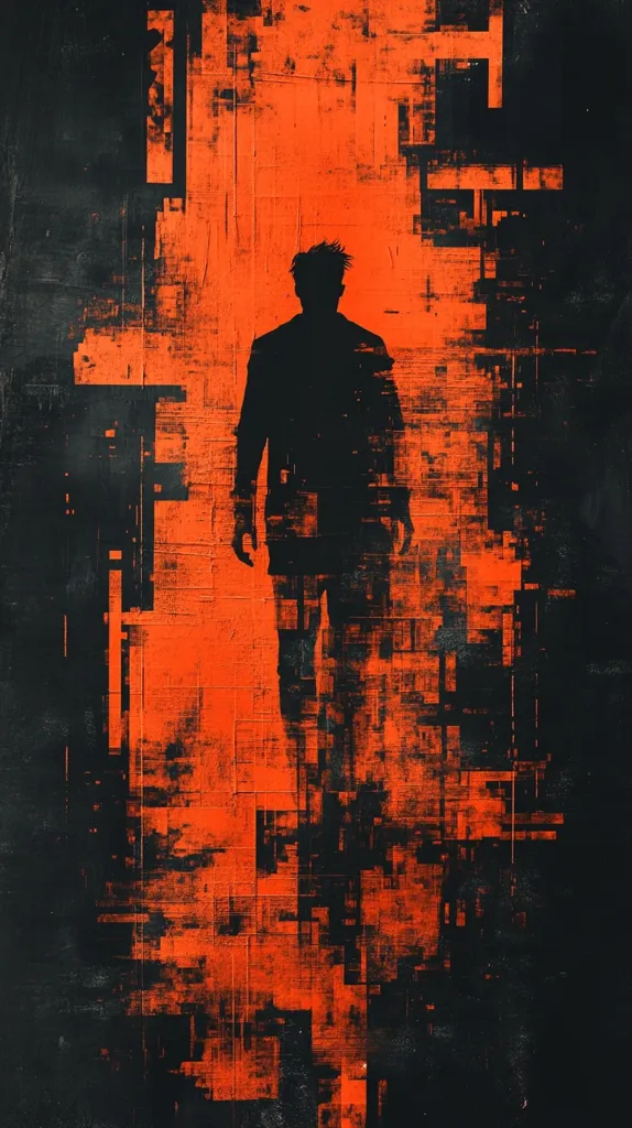 The image features a dark silhouette of a man standing in front of a textured, orange background. The background appears to be made up of overlapping, rectangular blocks in varying shades of orange, creating a distorted, digital aesthetic. The contrast between the dark figure and the bright background makes the subject stand out prominently. The overall feel of the image is somewhat abstract and mysterious.