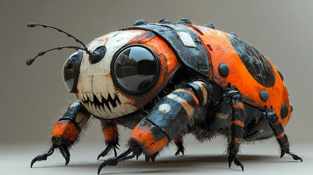 The image depicts a close-up of a large, mechanical insect, resembling a ladybug. Its body is a mix of rusty orange, black, and white, with intricate details and a menacing, toothy grin. Its large, black eyes add to its unsettling appearance. The insect's segmented legs are covered in tiny black hairs, enhancing its robotic and slightly menacing nature.  The overall image is a blend of organic and mechanical elements, creating a visually captivating and slightly disturbing representation of a futuristic insect.