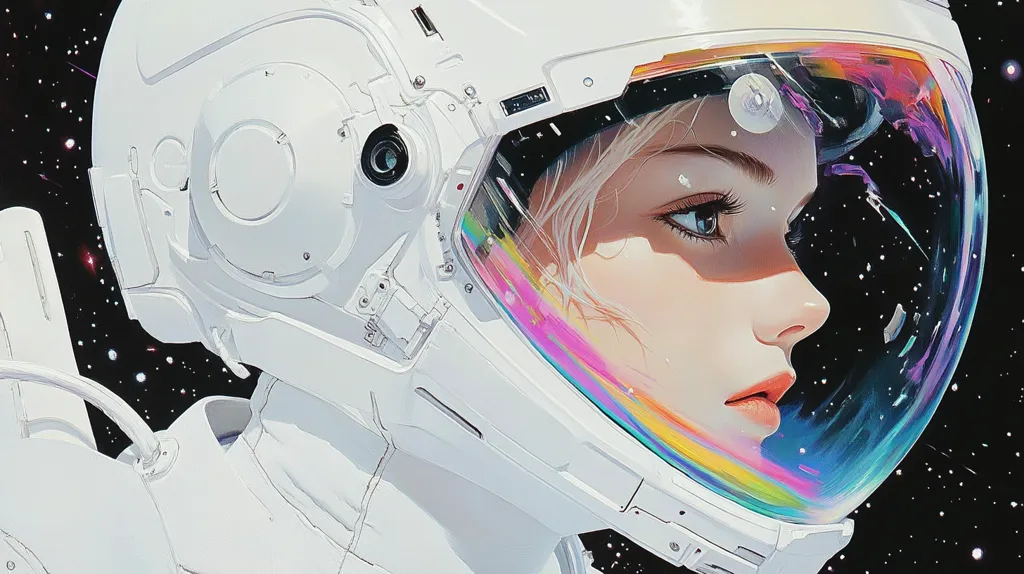 The image depicts a close-up of a woman's face, wearing a white astronaut helmet. The helmet's visor is iridescent, reflecting a starry space background. The woman's eyes are visible through the visor, looking out at the vastness of space. Her expression is contemplative, suggesting a sense of wonder and awe.  The white helmet and suit, set against the black backdrop of space, create a striking visual contrast.  The image evokes a sense of exploration and the vastness of the universe.