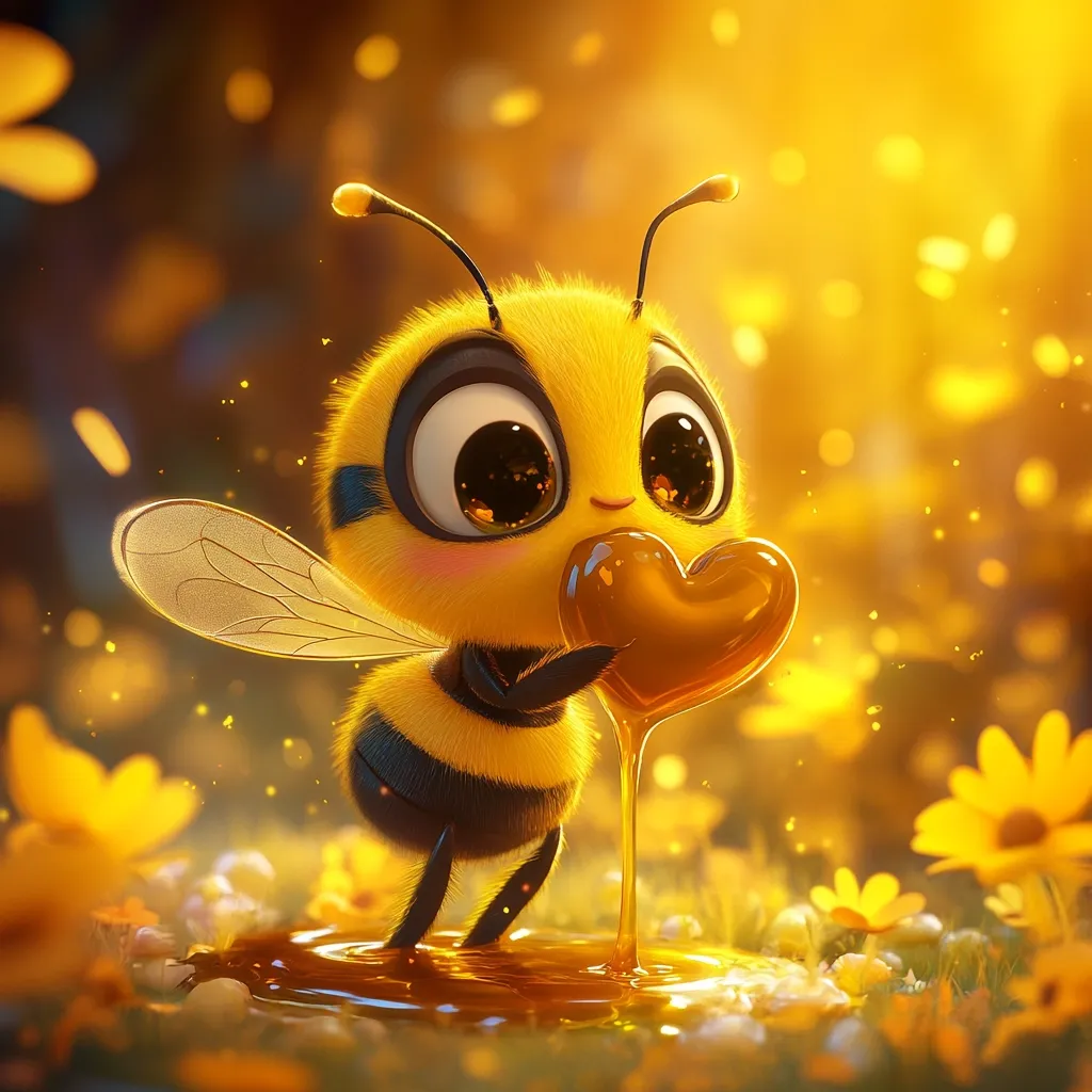 A cute cartoon bee with large eyes holds a heart-shaped honey pot, which is dripping honey onto the ground. The bee has a fuzzy yellow and black body, and is standing on a bed of yellow flowers. The background is a warm, golden blur. The image is full of warmth and sweetness.
