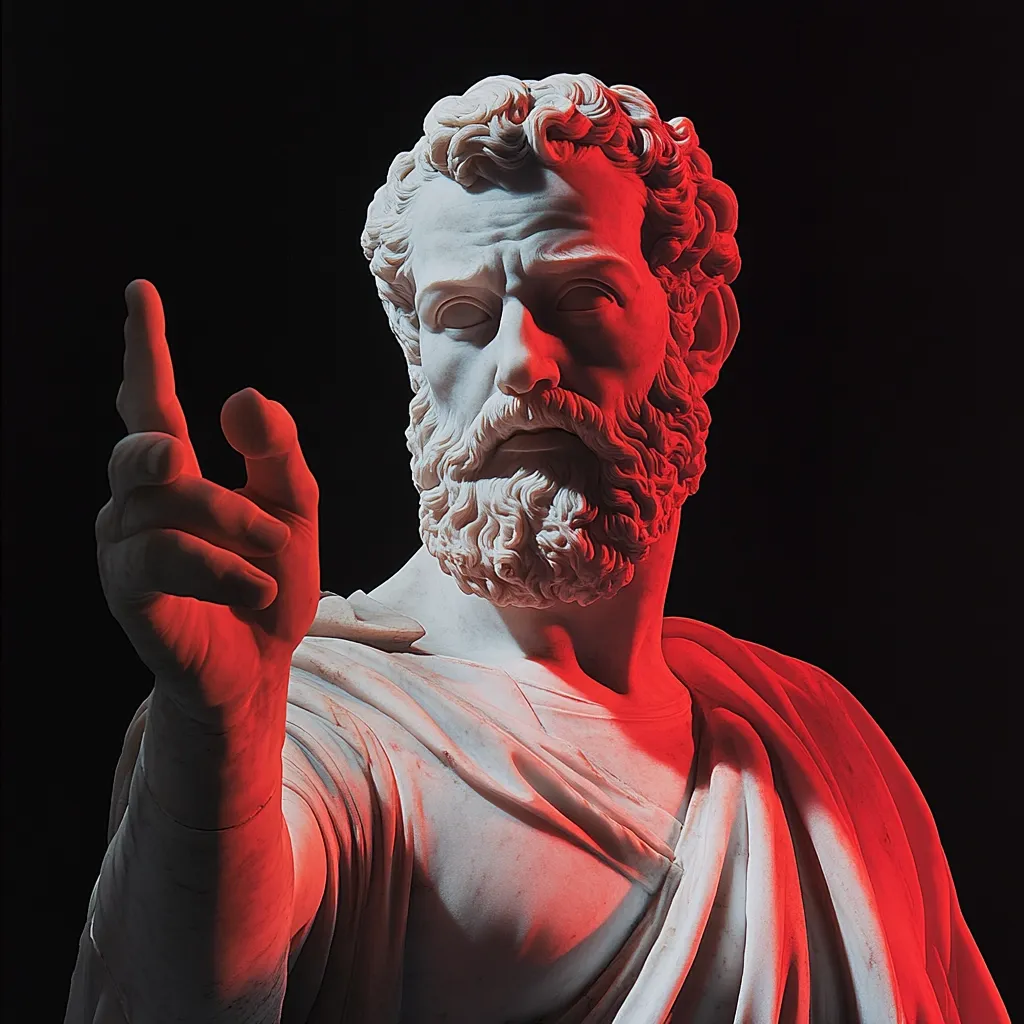 The image shows a marble bust of a man with a beard. The bust is lit from the right side, casting a red light on the man's face and chest. The man's right arm is extended, with his index finger pointing forward. The background is black, providing a stark contrast to the white marble. The lighting and composition give the bust a dramatic and powerful presence.