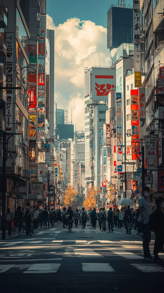 A bustling street in a Japanese city, lined with tall buildings covered in colorful signs and advertisements. The street is filled with people walking, crossing the street, and going about their day. The sky is partly cloudy with a bright blue hue. There is a sense of energy and activity in the image.