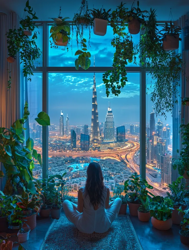 A woman sits cross-legged on a rug in front of a large window, gazing at the city skyline of Dubai. The city is lit up at night, and the Burj Khalifa towers over the other buildings. Lush plants hang from the ceiling and line the window, creating a serene indoor jungle atmosphere. The woman's white outfit contrasts with the vibrant greenery and the city lights, creating a sense of calm and tranquility.