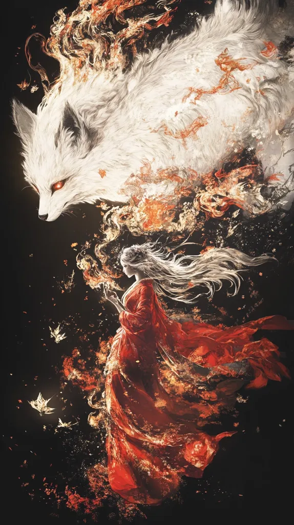 The image depicts a woman in a flowing red dress with long, white hair, standing with a large, white wolf-like creature with fiery fur in the background. The creature is partially obscured by swirling, orange and gold flames. The woman and wolf are in the centre of the image against a dark background, with a few small white butterflies scattered throughout. The image has a magical and ethereal feel.