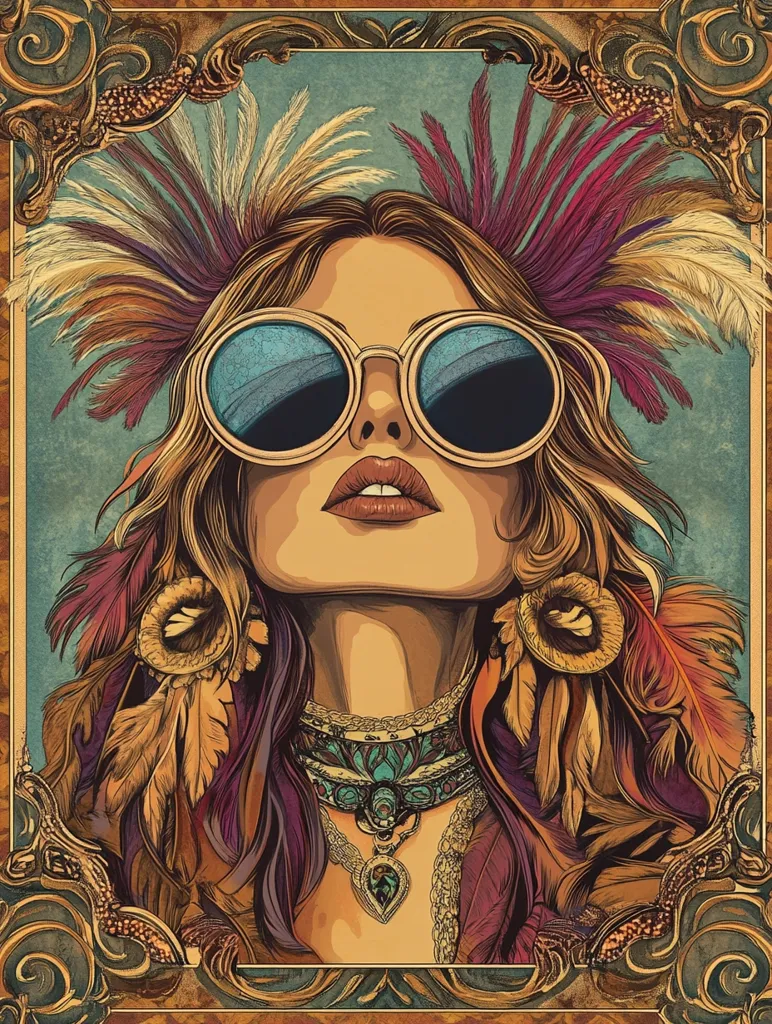 The image features a woman with long, wavy hair adorned with a headdress of intricate feathers in shades of brown, red, and white. She wears large, round sunglasses with a blue tint and a delicate gold chain with a pendant. The woman is framed by an ornate gold frame, adding a vintage and artistic feel to the image. The overall style is captivating and suggests a bohemian aesthetic.