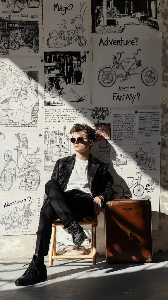 A young man in a black leather jacket and black pants sits on a wooden stool with a brown leather suitcase beside him. He is wearing black boots, sunglasses, and a white t-shirt. The background is a white wall covered with black and white sketches of bikes, buildings, and landscapes.  The room is bright and filled with natural light.  The image has a vintage feel, with the drawings adding a touch of whimsy.  The man looks confident and stylish.