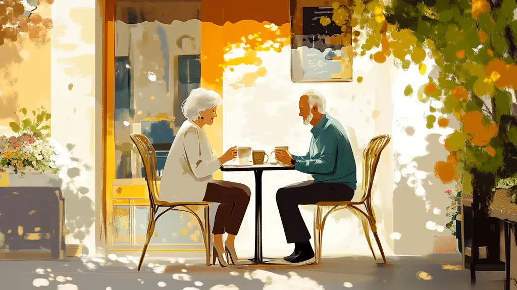 An elderly couple sits at a table on a patio. The woman is wearing a white sweater and the man is wearing a teal shirt. They are both holding mugs, presumably filled with coffee or tea. The patio is filled with dappled sunlight and there are flowers and plants in the background. The scene is peaceful and intimate.