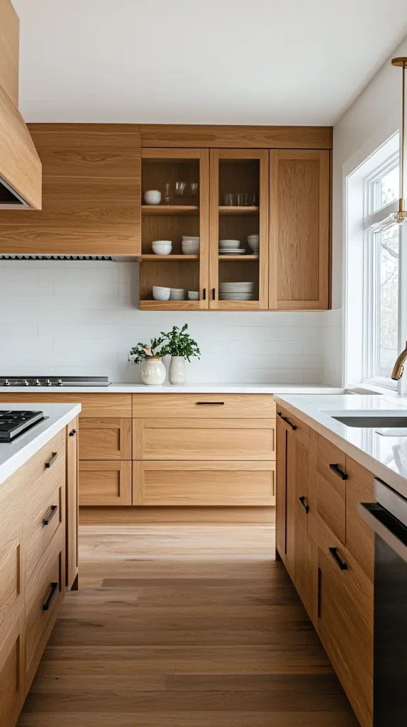 The image shows a modern kitchen with light wood cabinets and white subway tile backsplash. The cabinets are all closed, with black handles.  A window with a white frame is located on the right side of the image. The kitchen has a white countertop and a stainless steel stovetop. The floor is hardwood. There are flowers in a vase on the counter. The kitchen is bright and airy.