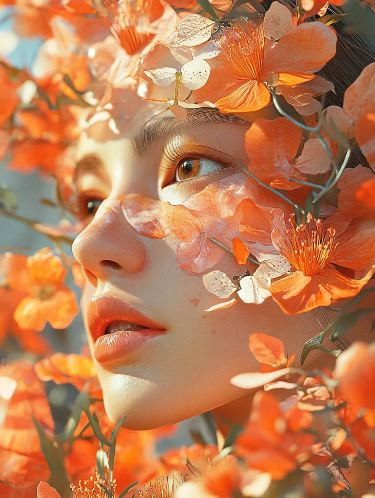 A woman's face is half-hidden by a cascade of delicate, orange flowers. The soft sunlight illuminates the petals, creating a warm glow. Her eyes are closed, and her lips are slightly parted, suggesting a moment of peaceful contemplation. The flowers seem to be a part of her, blending seamlessly with her skin. The overall effect is one of ethereal beauty and serenity.
