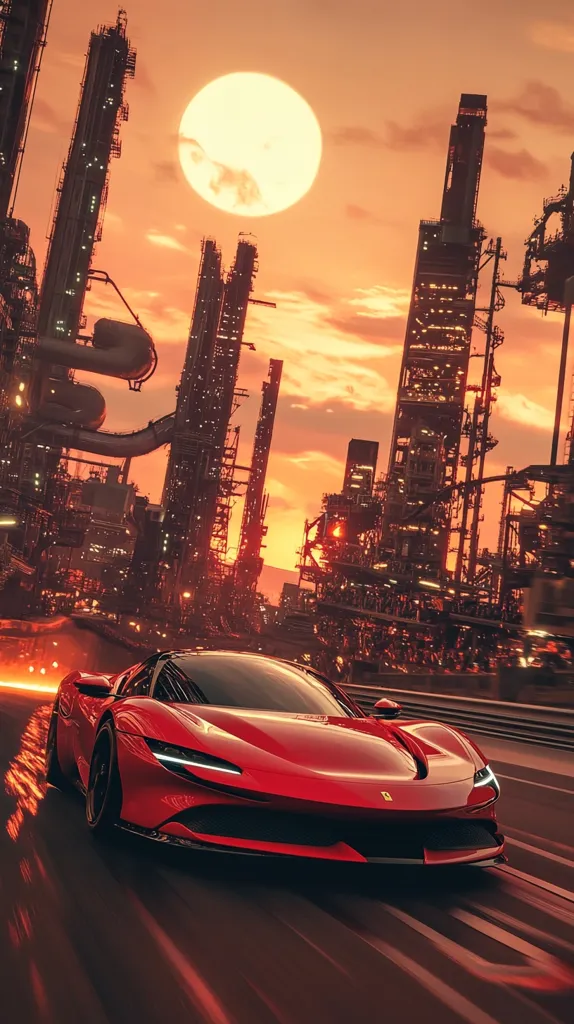 A bright red sports car speeds down a paved road in front of a large industrial complex at sunset. The sun is a large, bright orange circle in the sky, casting a warm glow over the scene. The complex is made up of tall towers and scaffolding, all silhouetted against the orange sky. The car's headlights are on, creating a beam of light that cuts through the darkness. The image is full of motion and energy, capturing the thrill of speed.