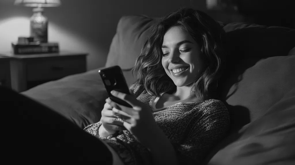A woman is lying in bed, propped up on an elbow, and looking at her phone. She is smiling and has her hair down.  She is wearing a sweater and looks relaxed. There is a nightstand in the background, with a lamp. The photo is in black and white.  The image gives a feeling of intimacy and privacy.