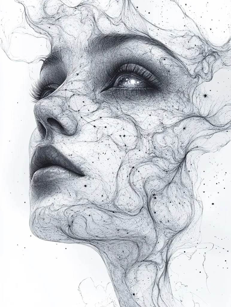 The image is a detailed black and white drawing of a woman's face. Her eye is wide open and filled with a galaxy of stars. Her face is enveloped in a swirling, abstract design created with fine lines and dots. The composition suggests a sense of wonder and the vastness of the universe.  The overall effect is ethereal and captivating.