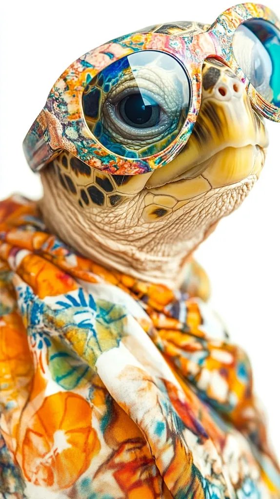 A sea turtle wearing colorful sunglasses and a patterned scarf looks directly at the camera with a curious expression. The turtle's head and neck are visible, with its shell partially obscured by the scarf. The background is a simple white, allowing the turtle's unique style to stand out.  The image is humorous and playful, highlighting the animal's unexpected fashion sense.