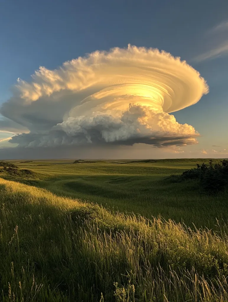 A large, swirling cloud formation, resembling a UFO, dominates the sky above a grassy field. The cloud is a mesmerizing mix of white and golden hues, with a hint of darkness at its base. The sun's rays illuminate the edges of the cloud, casting a warm glow on the surrounding landscape. The vast, rolling fields of green grass stretch out towards the horizon, adding to the sense of awe and wonder inspired by this natural spectacle.