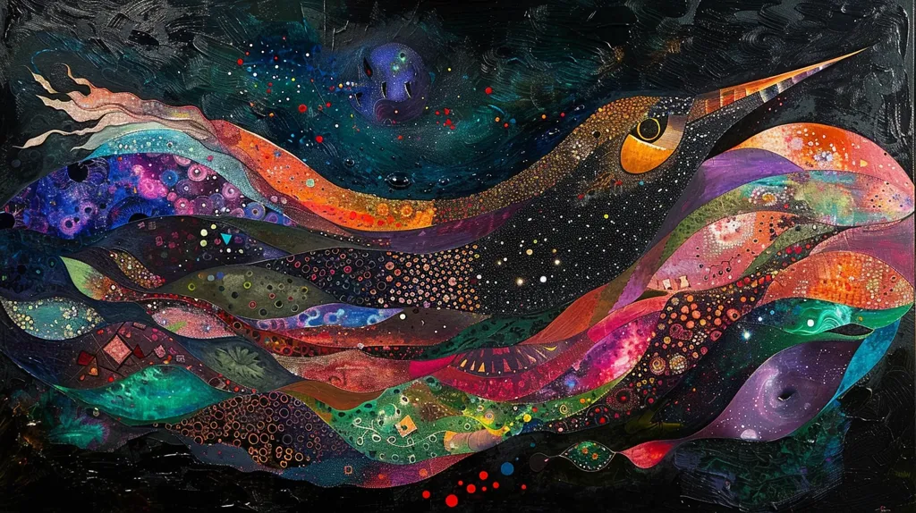 The painting depicts a stylized bird with a long, thin beak, its body composed of swirling, layered shapes in vibrant colors like purple, red, orange, and green. The bird's body is filled with tiny dots, creating a textured effect, and appears to be floating on a black background. The artwork evokes a sense of movement and energy, with the bird appearing to be soaring through a galaxy of stars and nebulae.