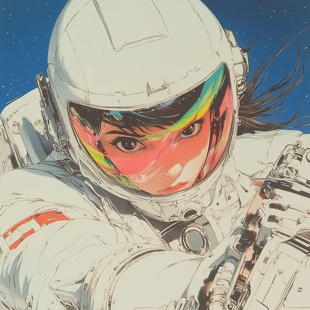The image is a close-up of a woman in a white spacesuit. Her helmet is tilted slightly, revealing her face and dark hair. Her eyes are wide and focused, and her lips are slightly parted. The helmet visor is cracked and has streaks of color. The image is drawn in a detailed, realistic style. The background is a blurry image of space. The overall mood of the image is one of mystery and intrigue.