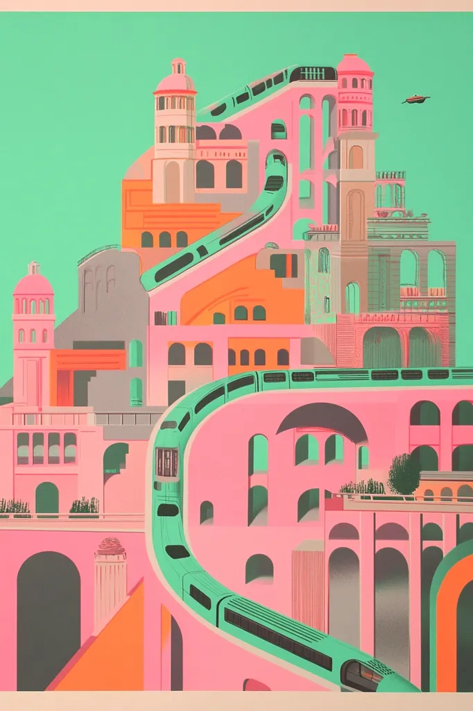 A vibrant, abstract cityscape with a prominent green train winding through the architecture. Buildings are a mix of pastel pink, orange, and gray, with numerous arches and windows. The background is a solid turquoise green. The scene is a surreal, geometric depiction of an urban environment. A small flying object can be seen in the top right corner.
