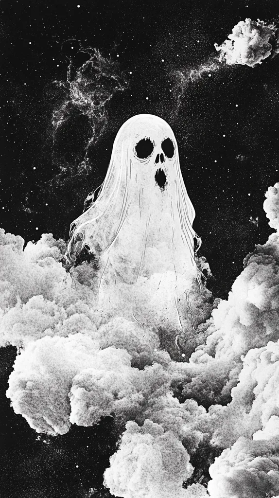 A ghostly figure, shrouded in a white sheet, emerges from a swirling cloud formation against a black starry sky. The ghost's face, with hollow eyes and a gaping mouth, evokes a sense of haunting and ethereal presence. The image creates a sense of mystery and the unknown.