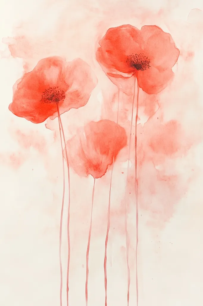 The image is a watercolor painting of three red poppies against a white background. The poppies are painted in a soft, delicate style, with their petals blending into the background. The stems are thin and delicate, and the flowers are arranged in a loose, informal way. The painting evokes a feeling of peace and tranquility.