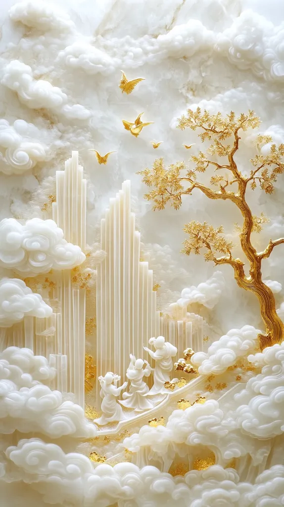 A white marble relief sculpture depicts a fantastical landscape of clouds, a golden tree, and a city with figures climbing towards the sky. Birds with golden wings fly overhead, adding to the dreamlike and ethereal feel of the artwork. The intricate details and contrasting textures create a sense of depth and movement.  The overall effect is both elegant and whimsical.