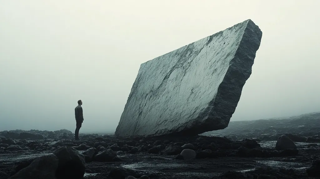 A lone figure stands on a desolate landscape, dwarfed by a massive, precariously balanced rock formation. The scene is shrouded in mist, creating an eerie and otherworldly atmosphere. The figure appears small and insignificant against the imposing rock, suggesting themes of solitude, fragility, and the vastness of nature. The monochromatic color palette emphasizes the starkness and emptiness of the environment.