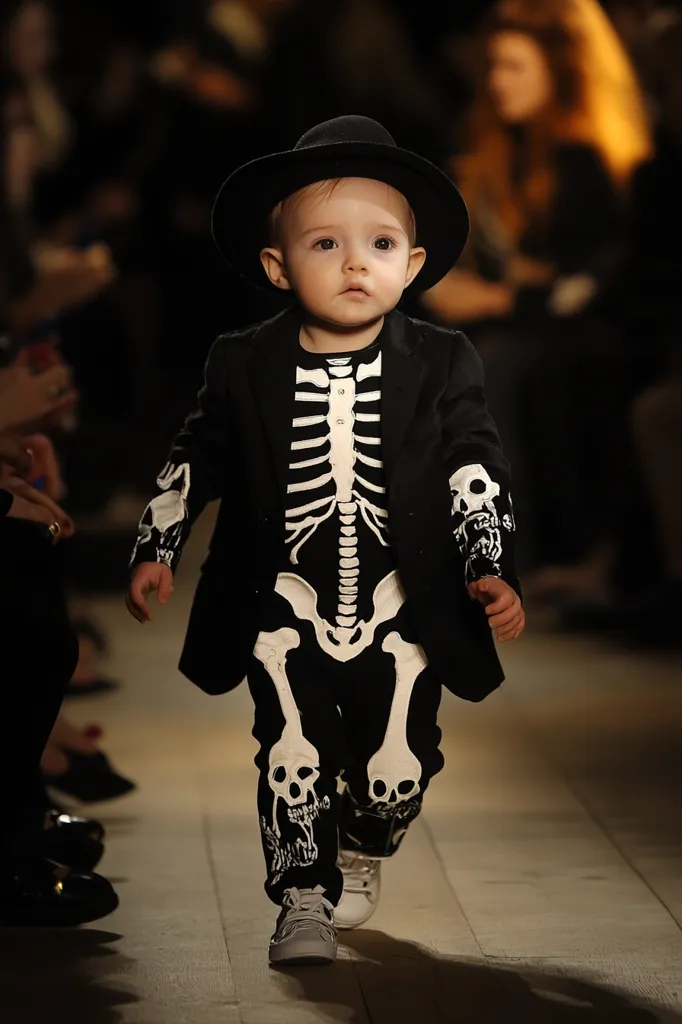 A young child, wearing a black suit jacket and pants with a white skeleton design, walks down a runway.  He is wearing a black hat and white sneakers, and looks straight ahead.  The background is blurred, suggesting a fashion show or a similar event.  The child's outfit is both stylish and playful, suggesting a sense of fun and creativity.