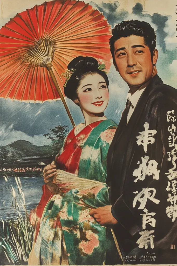 The image depicts a Japanese film poster featuring a man and woman in traditional clothing. The woman is wearing a colorful kimono and holding a red umbrella while the man stands behind her with his arm around her waist. The poster's background is a scenic landscape with a lake and mountains. It is set in a picturesque Japanese village.  The poster's Japanese characters likely advertise the film's title and actors.