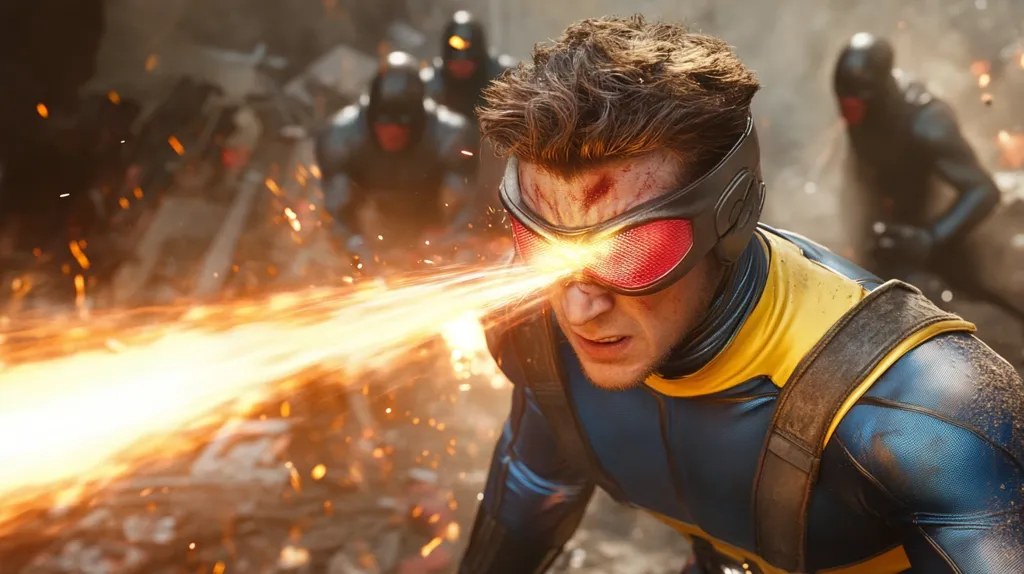 A superhero with red-lensed goggles shoots a beam of energy from his eyes. The beam is bright orange and streaks across the frame. The hero wears a blue and yellow suit and appears to be in the middle of a battle. There are other figures in the background, blurred and out of focus.  The scene is set against a backdrop of smoke and debris.  The image is full of action and intensity.