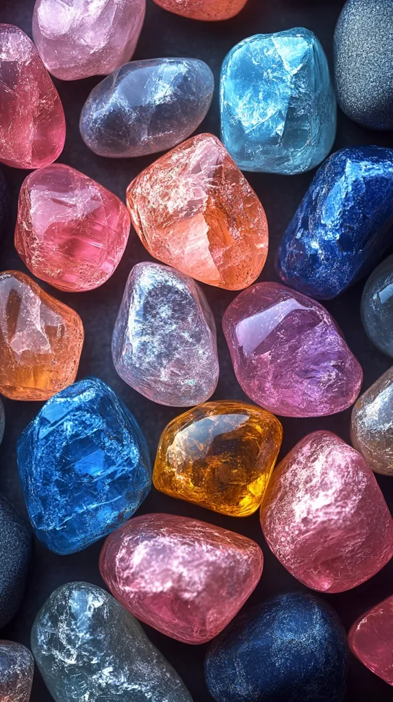 A collection of colorful, smooth, polished stones lay scattered on a dark background.  They are various shapes and sizes, including pink, blue, orange, grey and clear. The stones have an almost iridescent sheen and create a beautiful visual display.  Some stones have faint white lines or markings.
