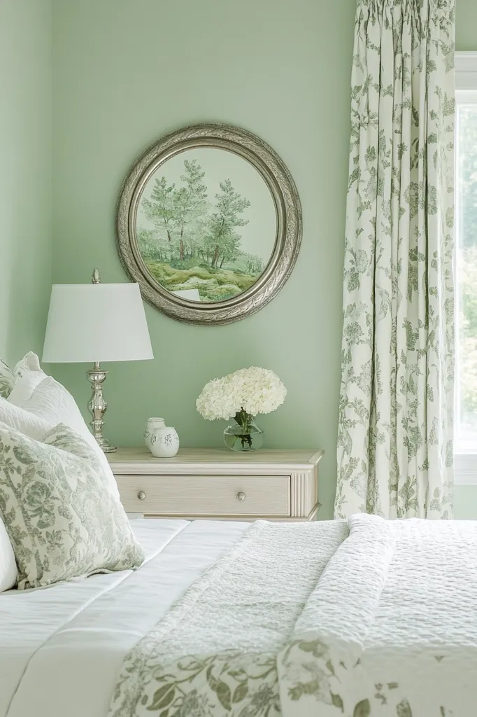 A bedroom with a green color scheme. The walls are a soft sage green and the bedding is white with a floral pattern. A round mirror with a silver frame hangs above a bedside table.  The table has a white floral vase with white flowers. The room has a vintage, cottagecore aesthetic.