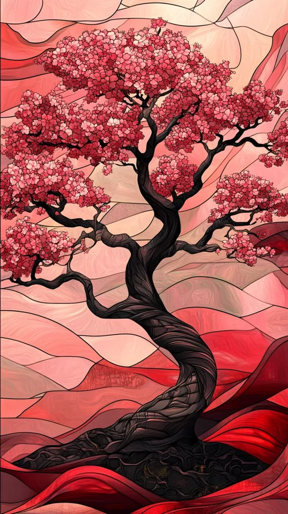 A stylized illustration of a tree with vibrant pink blossoms against a background of red and pink swirly shapes, reminiscent of stained glass. The tree trunk is thick and dark, its branches reaching out like fingers towards the sky. The overall impression is one of delicate beauty and strength.
