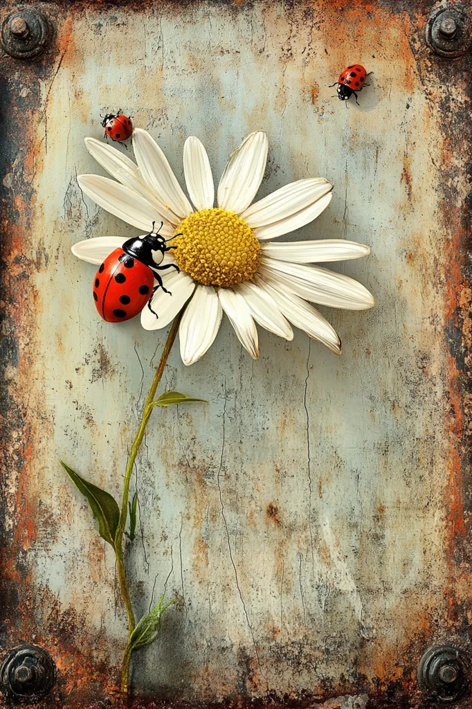 A single white daisy with a yellow center stands against a rusty, weathered background. Three ladybugs are perched on the petals and stem. The daisy is the focal point, while the rusty background adds a sense of age and texture. The ladybugs add a touch of color and life to the image.