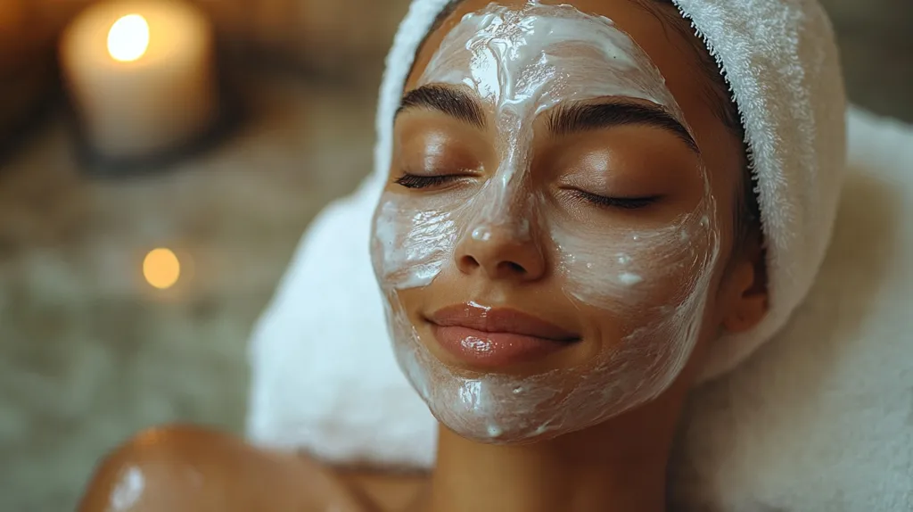 A woman with a white face mask on relaxes with her eyes closed. Her hair is wrapped in a white towel and she appears to be in a spa setting. The image is focused on her face, creating a sense of tranquility and pampering.