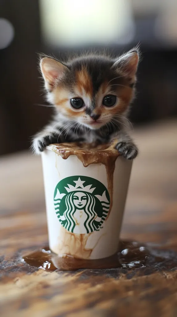 A small, cute kitten with a calico coat sits in a spilled Starbucks coffee cup. The kitten's eyes are large and innocent, its fur is soft and fluffy, and its paws are resting on the rim of the cup. The coffee has spilled out onto the wooden table, creating a brown puddle. The Starbucks logo is visible on the cup, adding to the playful and humorous nature of the image.  The kitten's playful expression and the spilled coffee create a sense of mischief and fun.