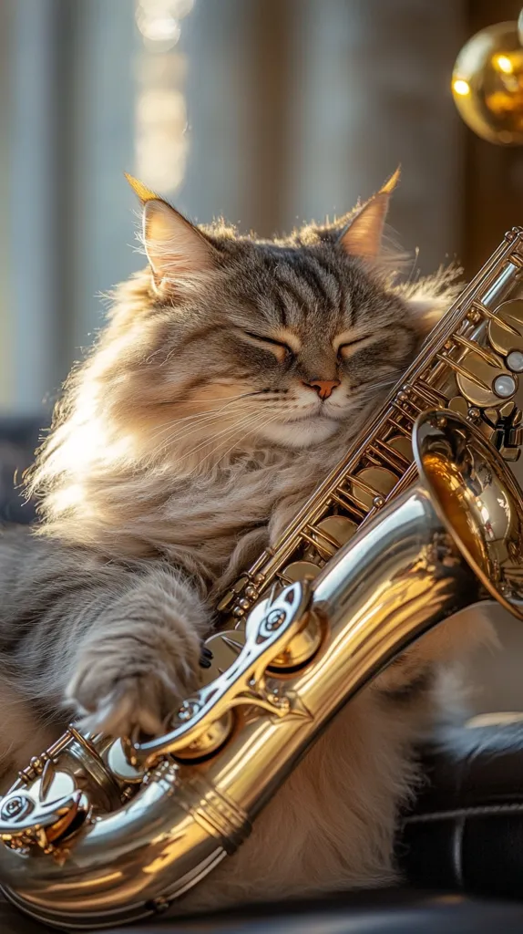 A fluffy grey cat with its eyes closed is resting its head on a shiny gold saxophone. The cat is lying on a black leather surface, and the saxophone is partially covering its body. The scene is illuminated by soft, warm light, creating a cozy and intimate atmosphere.